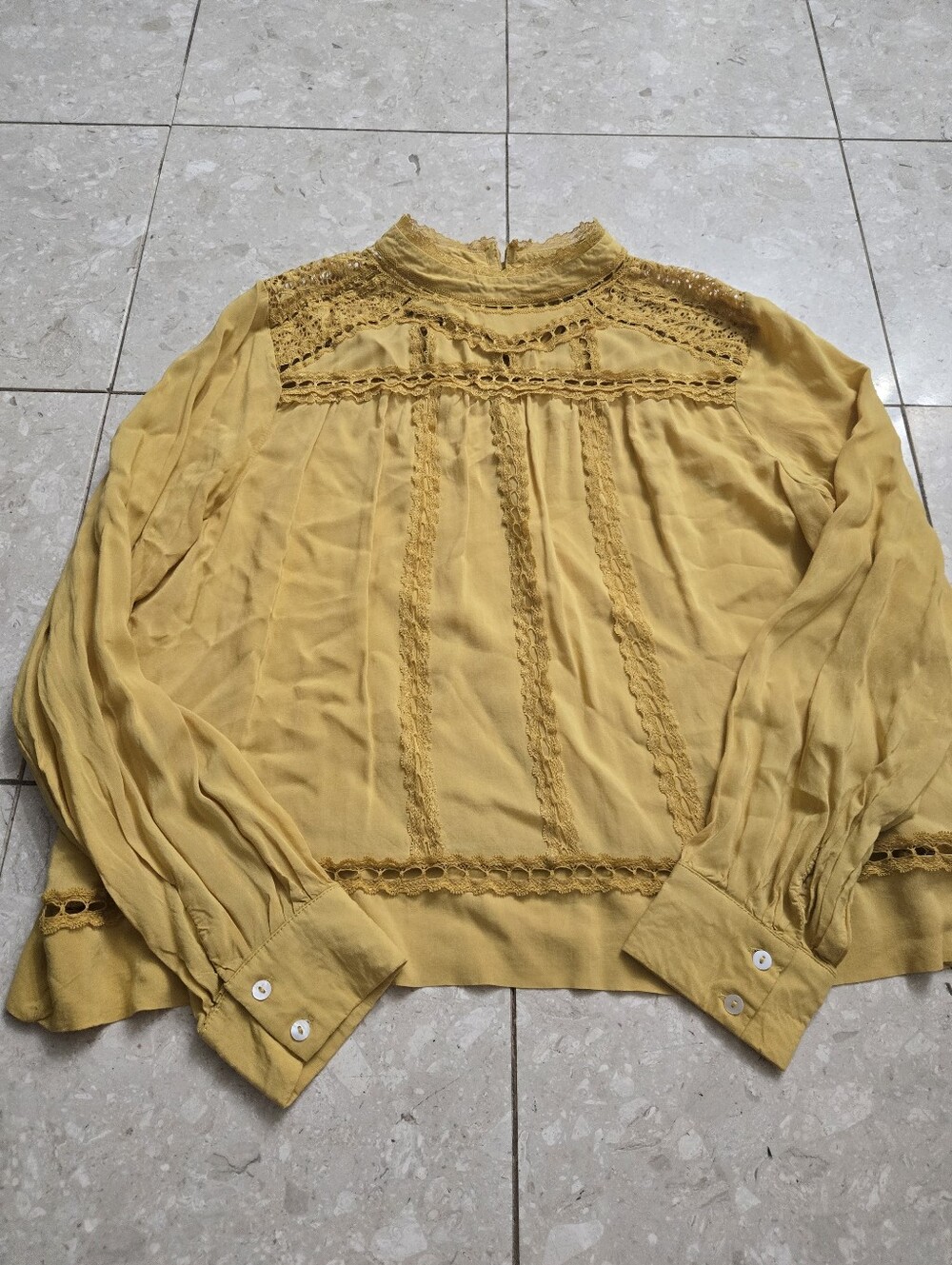 Women's Mustard Yellow Gold Lace Detail Top - Blue Tassel - Small Anthropologie
